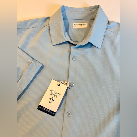 Penguin Sport Men's Short Sleeve Striped Button Up Clear Sky Blue Sz Smsll NEW - Picture 1 of 9